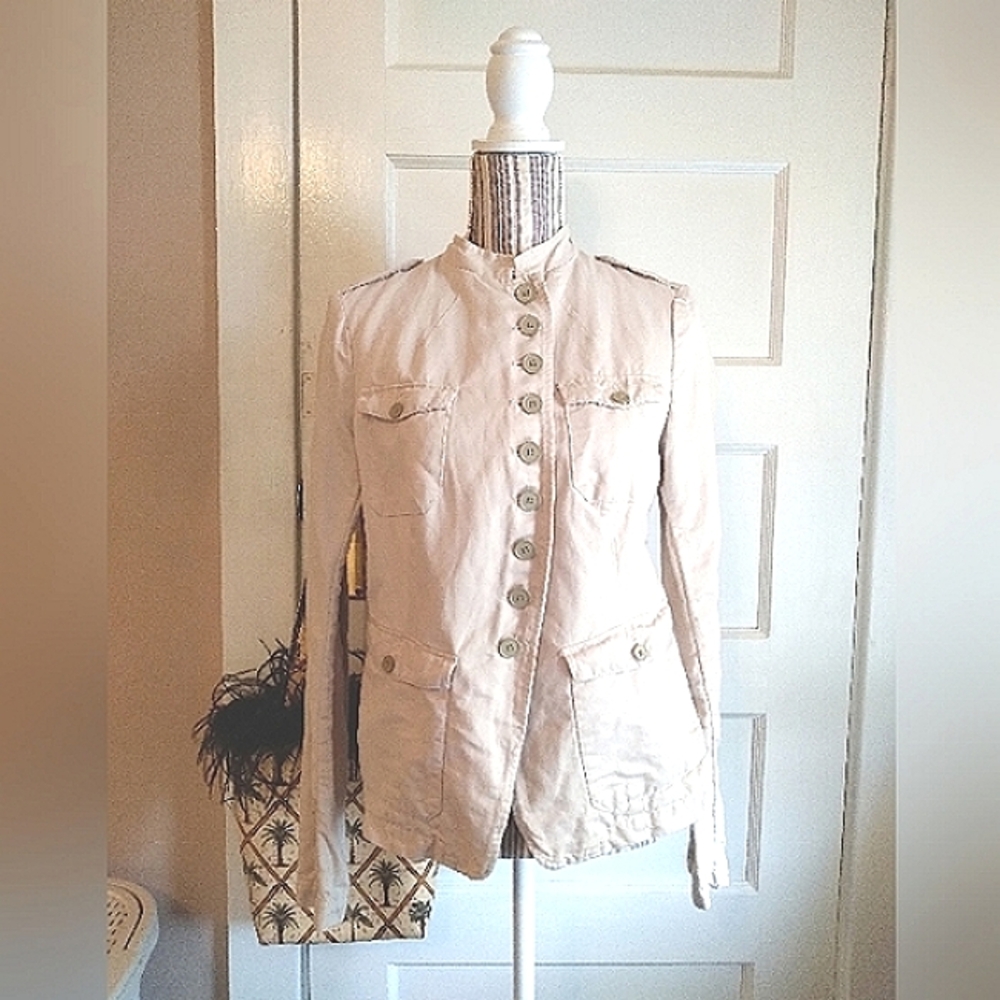 Vintage Gap Cotton & Linen Khaki Asymmetrical Military Blazer Jacket - size L